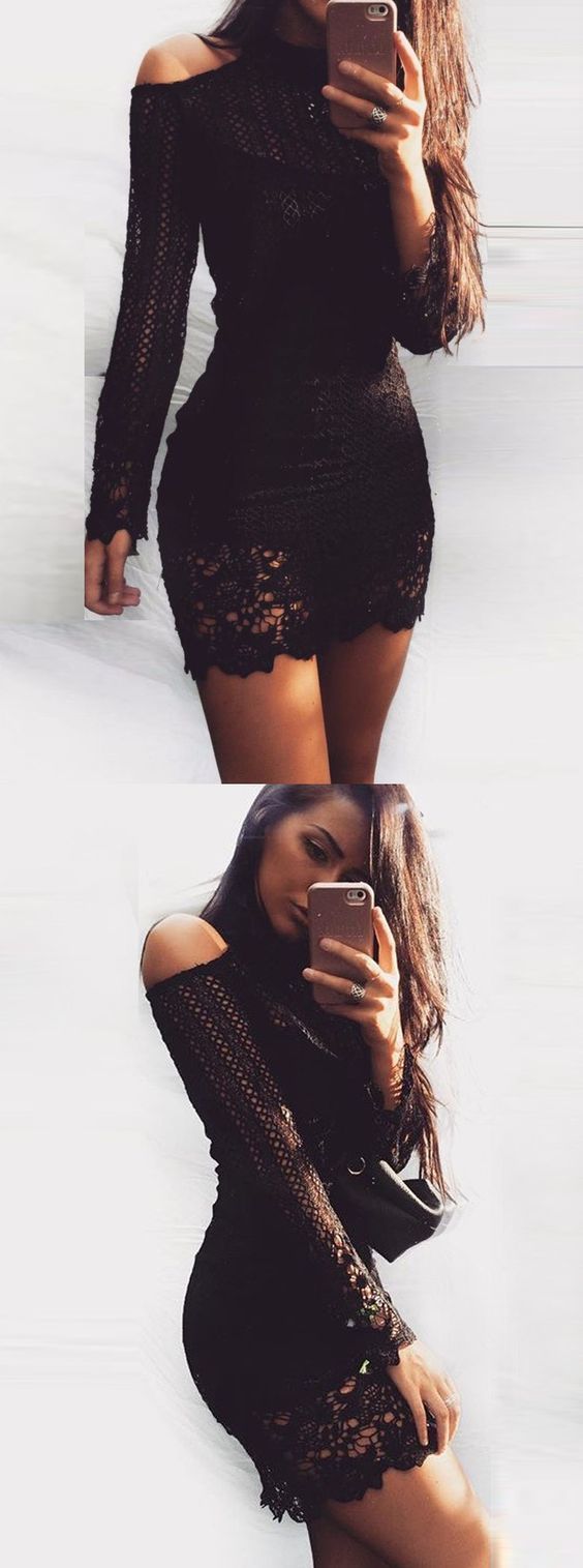 Bodycon High Neck Long Sleeves Lace Little Black homecoming Dress cg4450