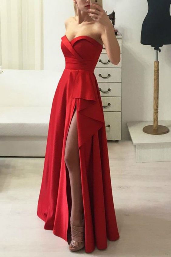 Floor-Length Red Satin Prom Gown Dress with Ruffled Slit Side cg4453