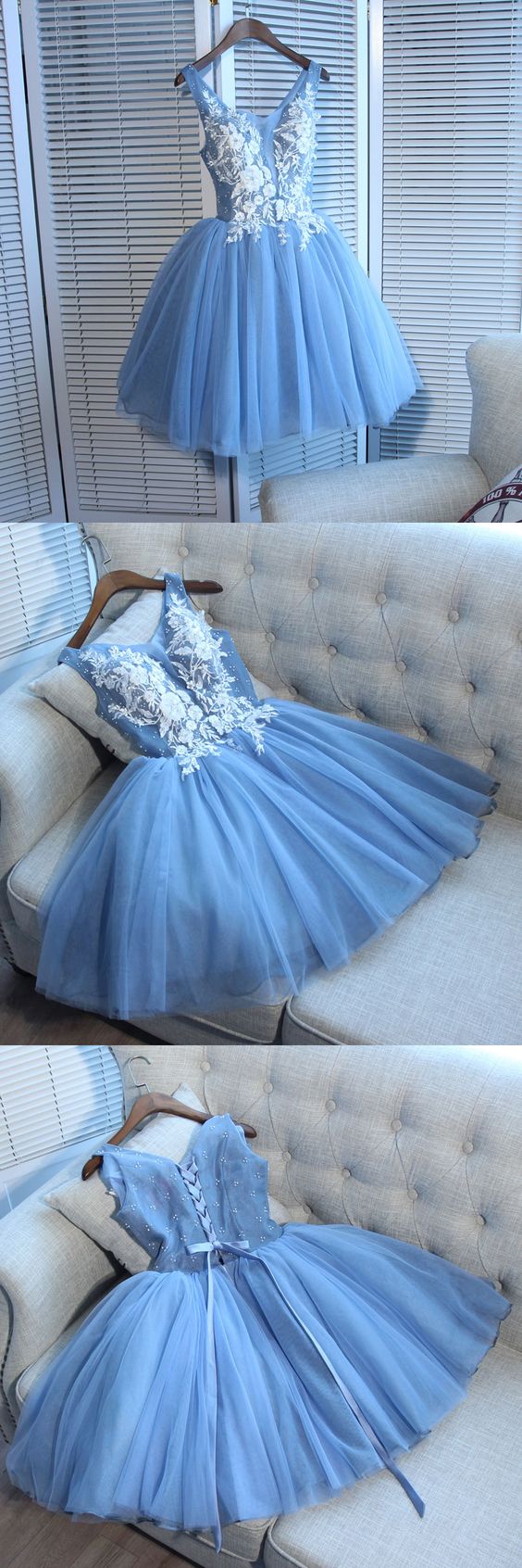 Cute blue lace short party dress, blue homecoming dress cg4475