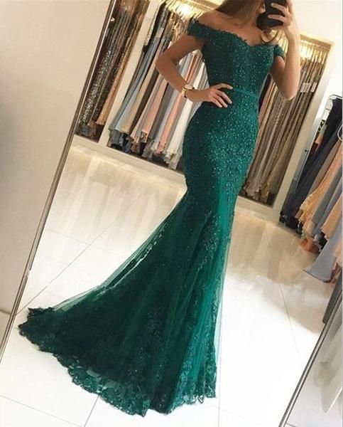 2019 Sweetheart Neck Evening Prom Dresses, Hunter Green Off Shoulder Lace Prom Dresses cg449