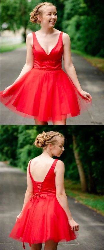 Simple V Neck Straps Red Homecoming Dress  cg4522