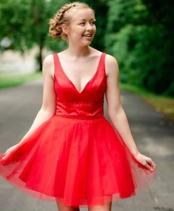 Simple V Neck Straps Red Homecoming Dress  cg4522