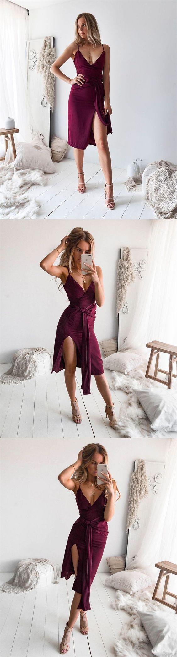 Sheath Spaghetti Straps Burgundy Knee-Length Satin Homecoming Party Dress cg4538