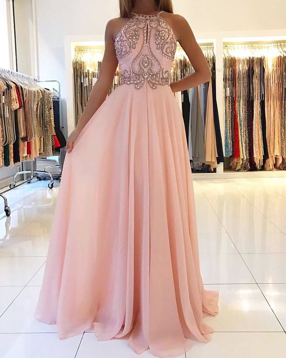 Blush Pink Halter Chiffon Open Back Long Prom Dress,Formal Gown With Beaded Top cg454