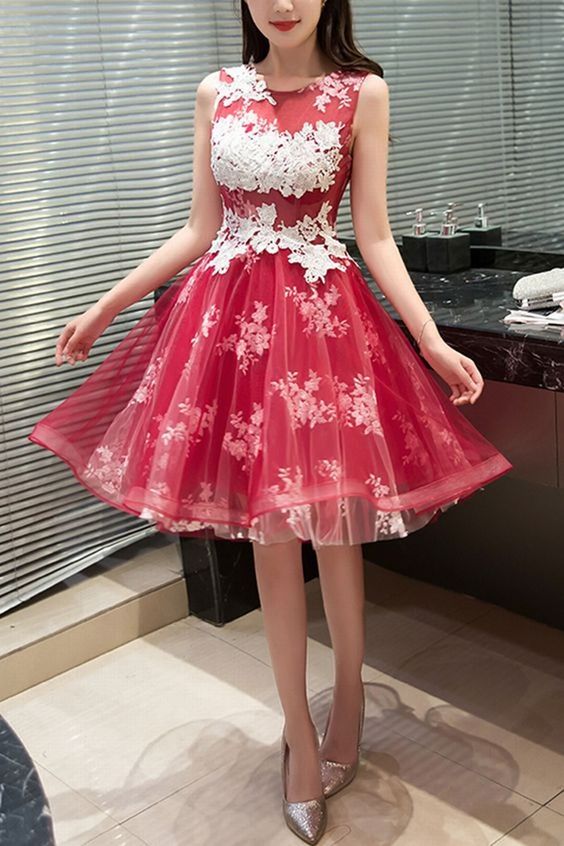 Lace and Appliques Gown,Short Dress,Cute Dress,Red Tulle Homecoming Dress cg4584