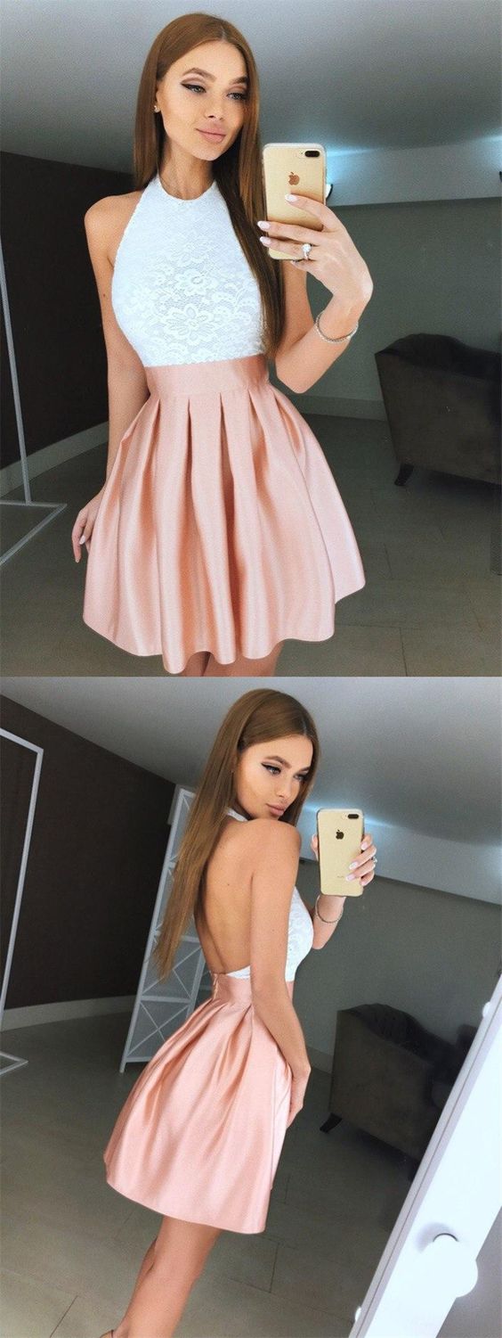 A-Line Halter Backless Short Pink Pleated Homecoming Dress with Lace Bodice cg4603