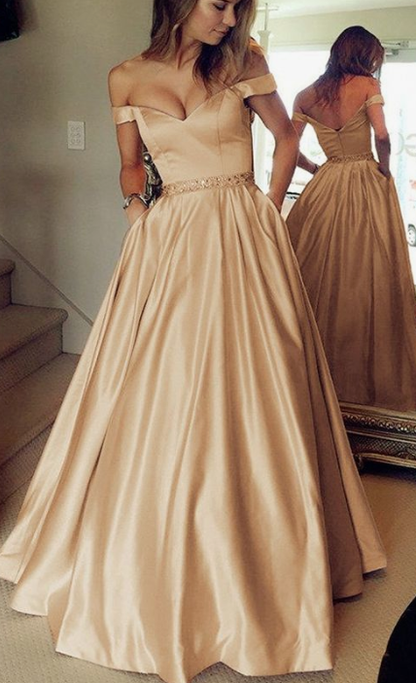 Champagne Satin Off Shoulder Beaded Sashes Satin Prom Dresses cg4619