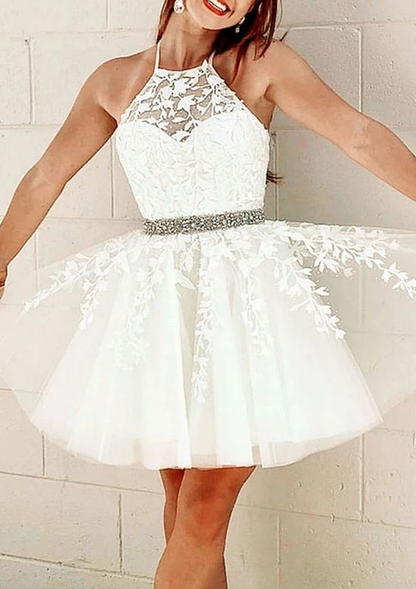 White tulle lace short dress white lace homecoming dress cg4647