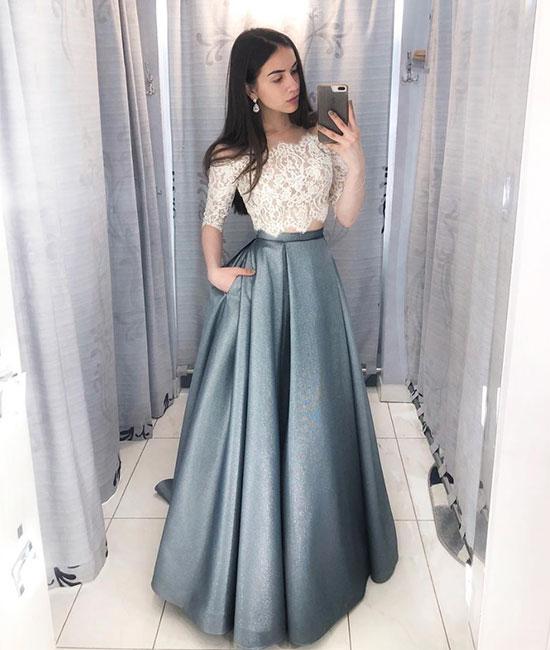 Unique lace two pieces long prom dress, lace evening dress cg466