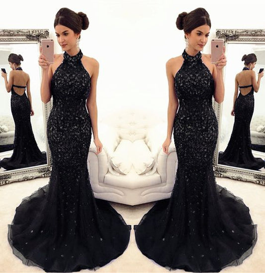 black mermaid prom dresses crystal beaded evening gowns with halter top cg4673