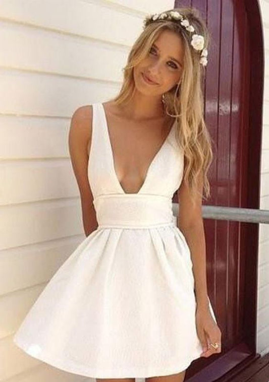 Summer A-Line Deep V-Neck White Satin Short Homecoming/Graduation dress cg4675