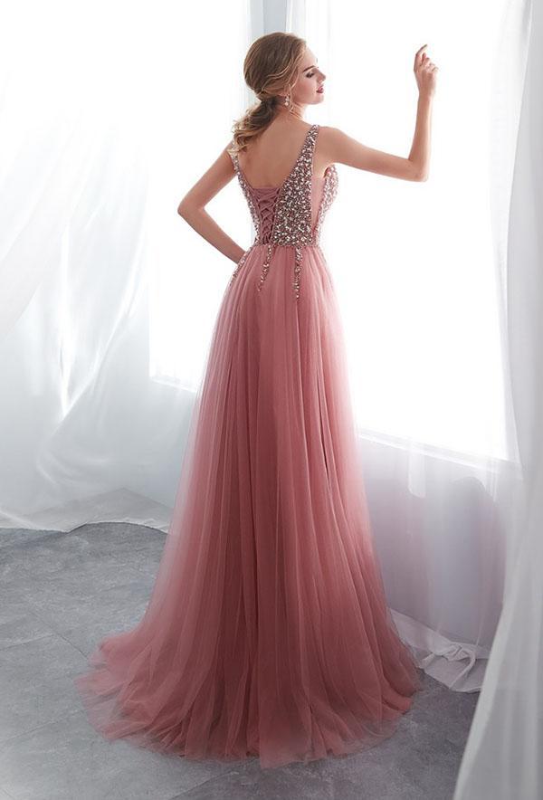 Sparkly V-Neck Beaded Long Prom Dress Fahion Beadings Evening Party Dress Custom Made Tulle Beads School Dance Dresses cg470