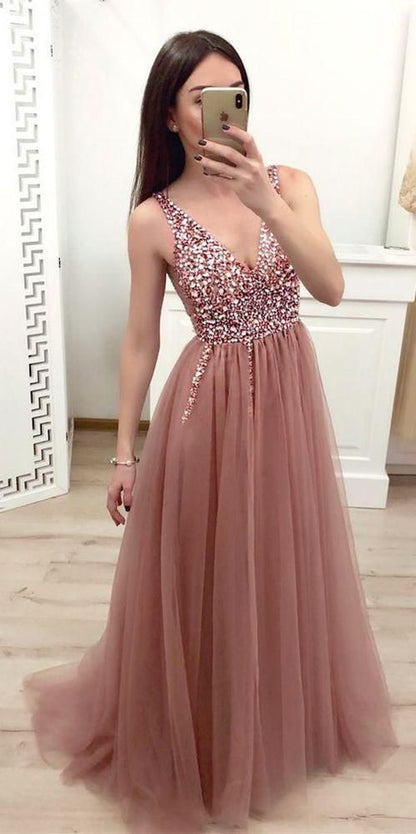 Sparkly V-Neck Beaded Long Prom Dress Fahion Beadings Evening Party Dress Custom Made Tulle Beads School Dance Dresses cg470