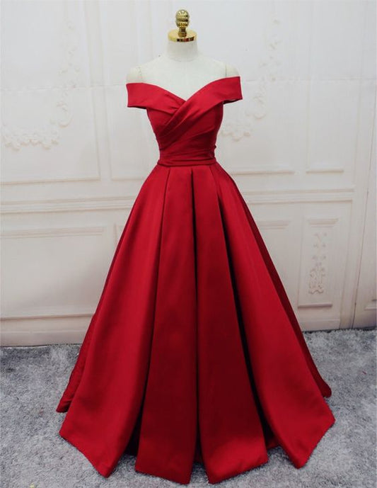 Evening Dresses, A-line/Princess Prom Dresses, Long Party Dresses, Off-the-shoulder red Long satin party dress  cg471