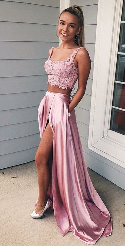 Two Piece Square Lace-Up Pink Split Prom Dress with Lace Pockets cg474