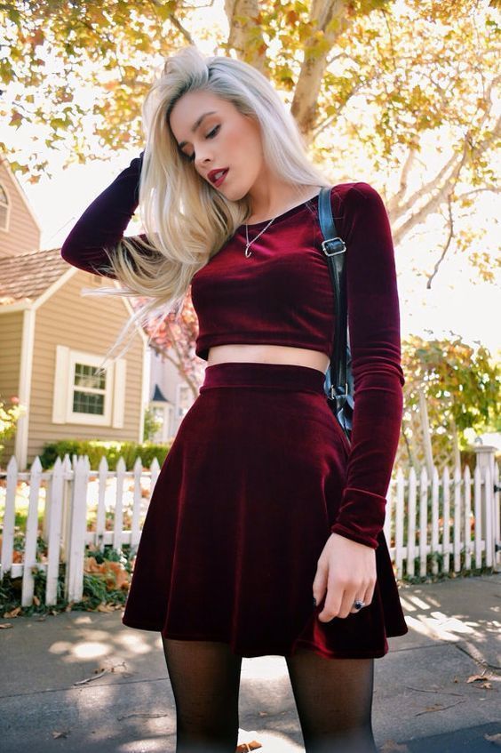 Two Piece Long Sleeve Velvet homecoming Dress  cg4849