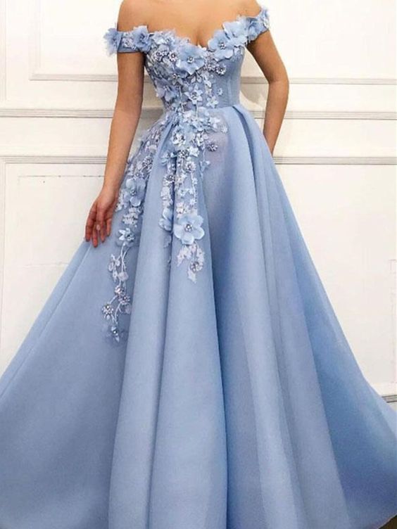 A Line Blue Off the Shoulder Tulle Lace Sweetheart 3D Flowers Prom Dresses,Formal Dress  cg486