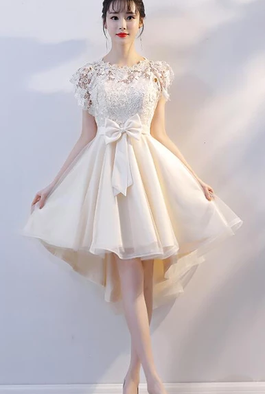 Lovely Champagne Lace High Low Party Dress, Cute Tulle homecoming Dress cg4928