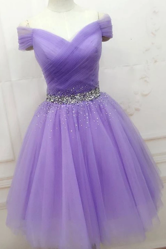 PURPLE TULLE OFF SHOULDER SHORT DRESS PURPLE HOMECOMING DRESS cg4932