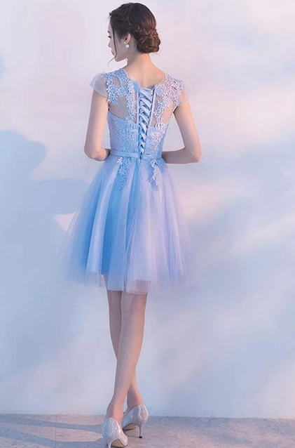 LIGHT BLUE A LINE TULLE LACE SHORT DRESS, HOMECOMING DRESS 2019 cg4948