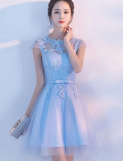 LIGHT BLUE A LINE TULLE LACE SHORT DRESS, HOMECOMING DRESS 2019 cg4948