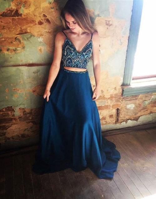 blue two pieces long prom dress, blue evening dress, formal dress cg496