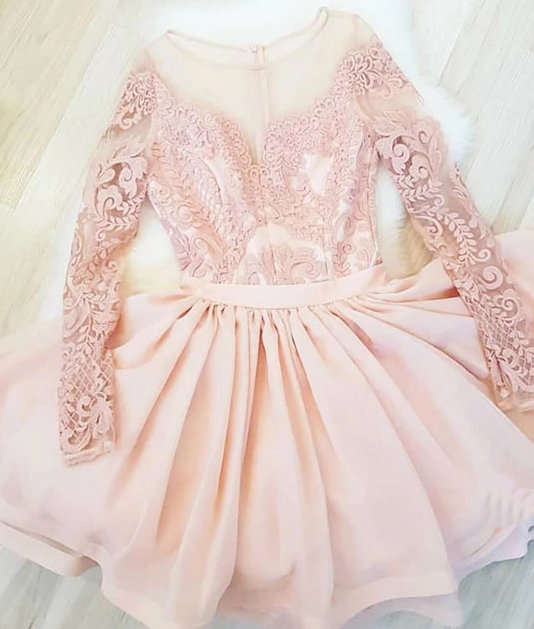 Pink round neck lace short party dress, pink homecoming dress cg4996