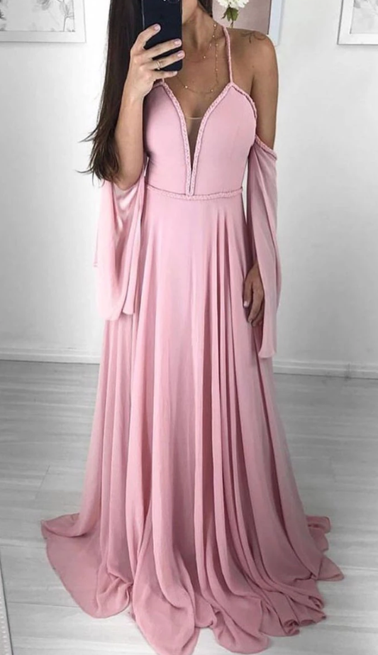 Pink sweetheart chiffon long prom dress, pink evening dress cg5017