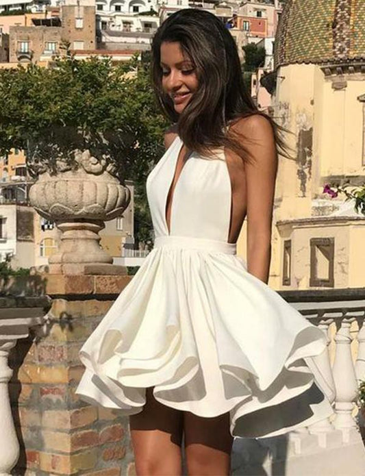 Deep V Neck White Short Homecoming Dresses 2019 Party Dresses cg504