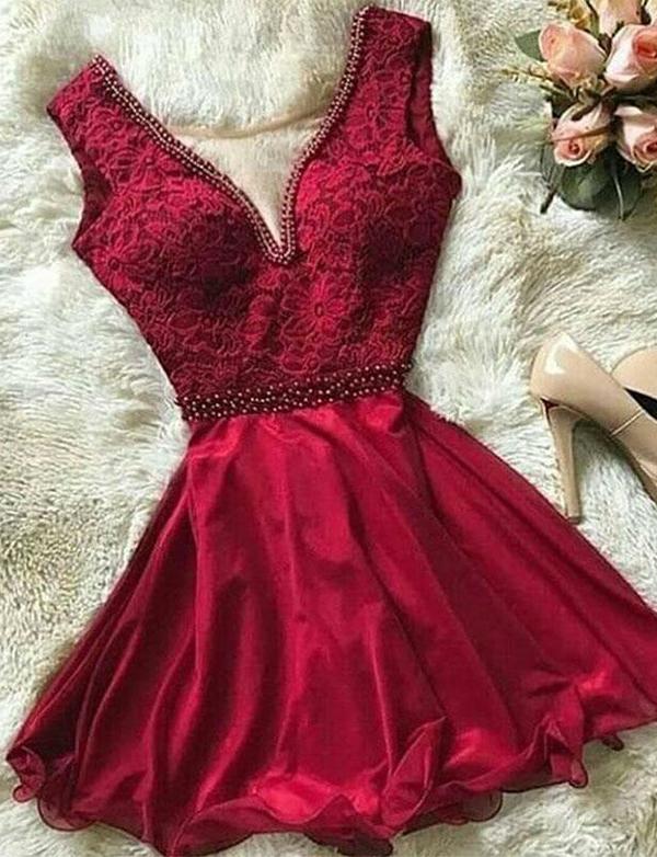 Deep V Neck Red Short Homecoming Dresses With Appliques Beading cg506