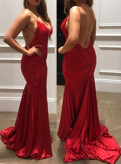 Red Lace Appliques V Neck Open Back Mermaid Prom Dresses cg5104