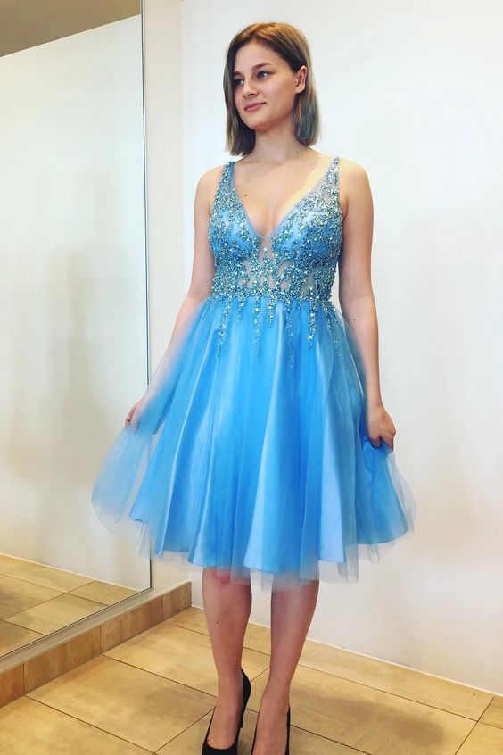 Princess V Neck Knee Length Blue Homecoming Dress cg5165