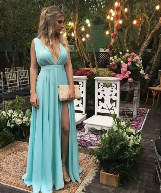 Sexy Baby Blue Prom Dress, V-neck Long Prom Dresses,Prom Dress, Chiffon Long Evening Dress Formal Dress cg5254