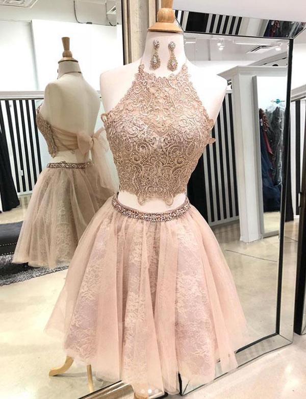 Two Pieces Halter Champagne Short Homecoming Dresses With Appliques  cg527