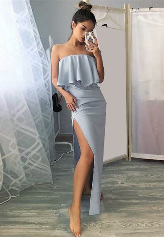 Sheath Off the Shoulder Slit Sleeveless Pale Blue Elastic Satin Prom Dress cg5415