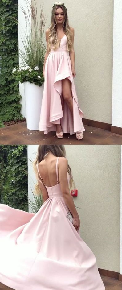 Simple A Line V Neck Elastic Satin  High Low Prom Dresses, Formal Evening Dresses cg5448