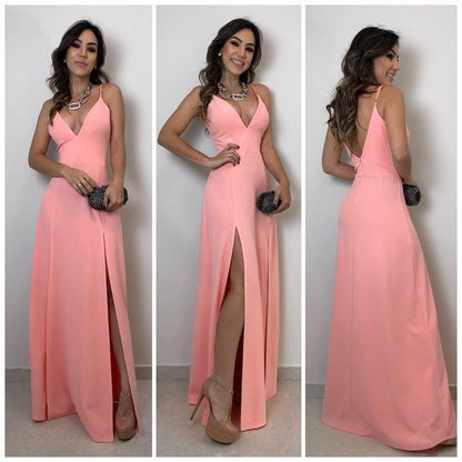 A-lien v neck pink long prom dress , open back prom dress cg5449