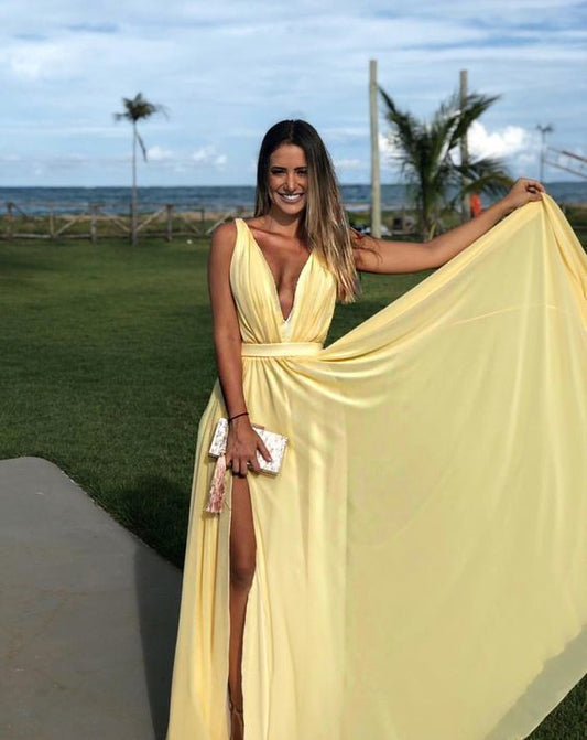 Yellow V Neck Long Prom Dresses,Cheap Prom Dresses  cg5496