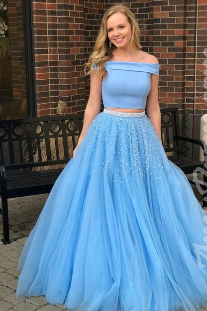 Two Piece Off-the-Shoulder Open Back Blue Prom Dress with Beading  cg555