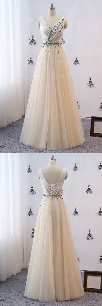 Champagne Tulle V Neck Long Simple Prom Dress, Evening Dress With Lace Applique  cg5578