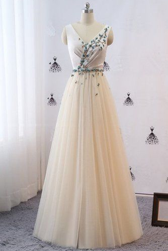 Champagne Tulle V Neck Long Simple Prom Dress, Evening Dress With Lace Applique  cg5578