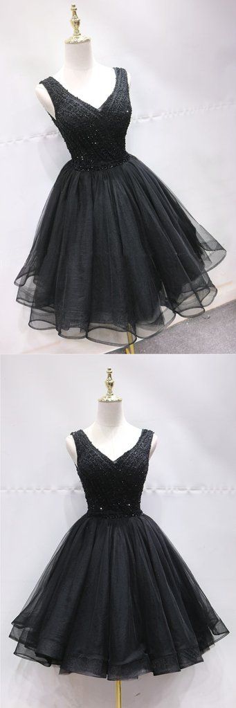 Black Tulle Lace Mini Party Dress, Beaded Lace Up Homecoming Dress cg5604