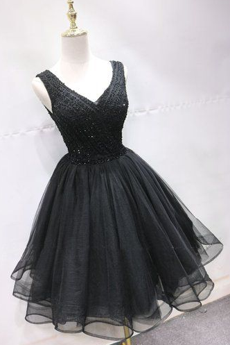 Black Tulle Lace Mini Party Dress, Beaded Lace Up Homecoming Dress cg5604