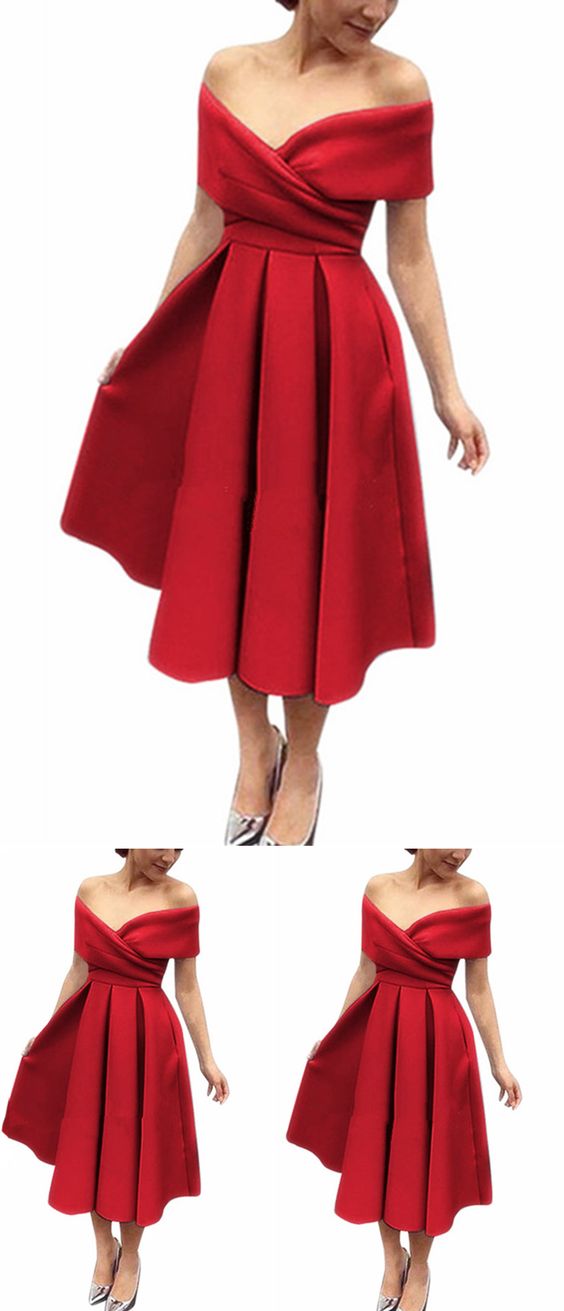 Simple red satin off shoulder V neck bridesmaid prom dress, short party dress  cg5677