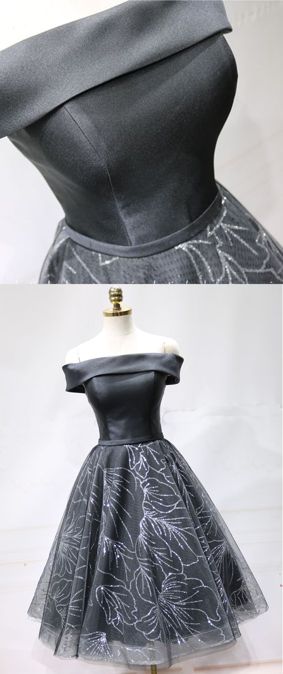 Black Satin Short Tulle Off Shoulder Party Dress, Homecoming Dress  cg5697