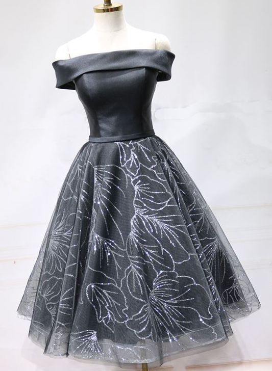 Black Satin Short Tulle Off Shoulder Party Dress, Homecoming Dress  cg5697