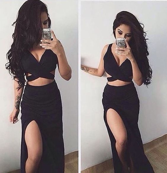 V-neck Black Two Piece Sex Prom Dresses  cg5708