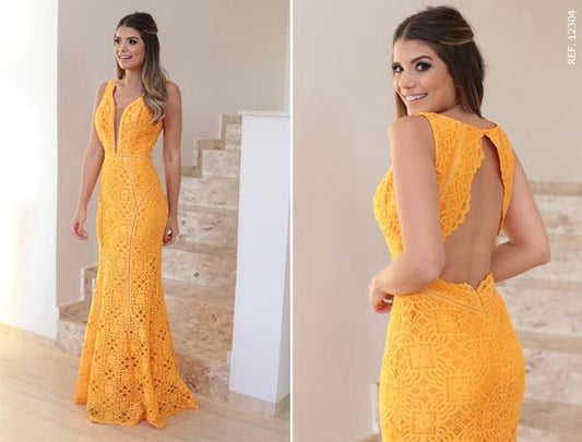 Yellow Lace Prom Dress, V-Neck Long Party Dress, Backless Mermaid Evening Dress   cg5709