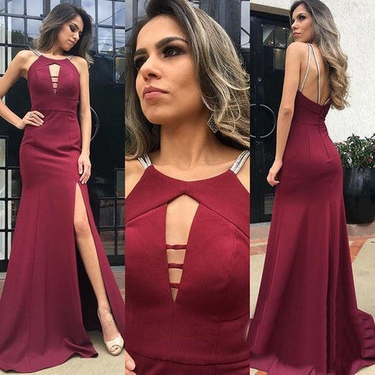 A-line Prom dress， long prom dress , open back prom dress with slit  cg5724