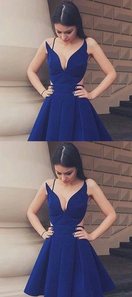 A-Line Deep V-Neck Spaghetti Straps Royal Blue Homecoming Dresses  cg578